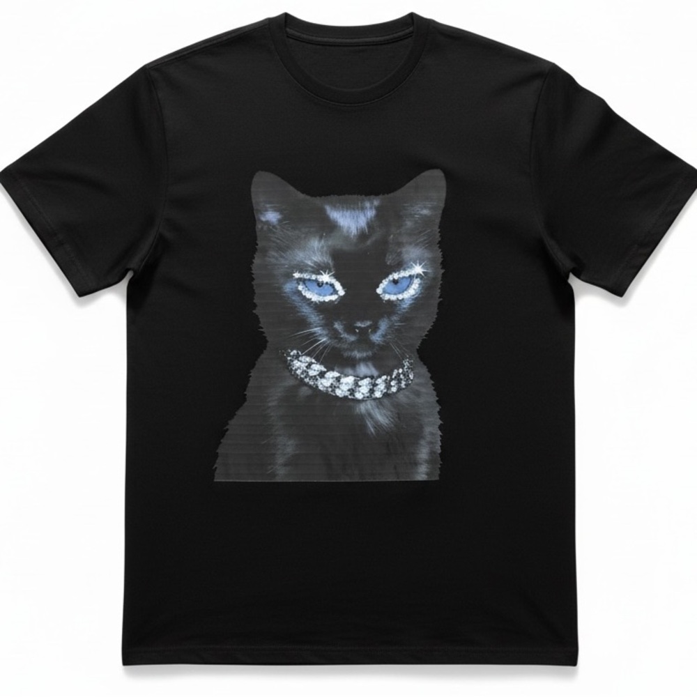 Glam Black Cat Graphic Novelty T Shirt Large Jewel Collar Statement Tee